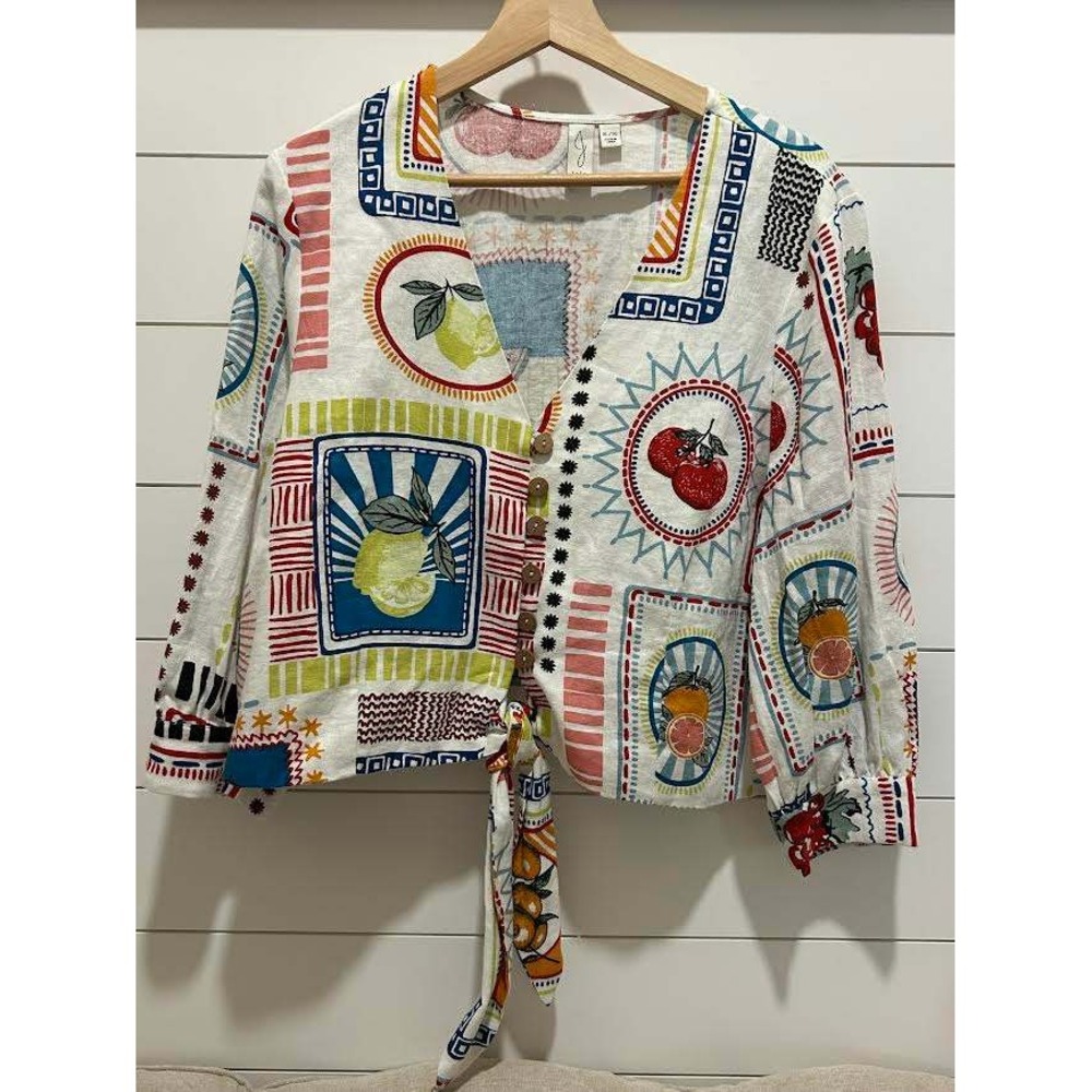 Joie Women XL Fruit Patchwork Linen Blend Tie Front Crop Tie Blouse Artsy Boho